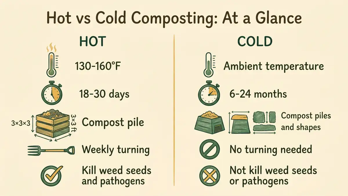 Side-by-side infographic comparing hot composting (130-160F, 18-30 days, 3x3x3 ft minimum, kills weed seeds) with cold composting (ambient temperature, 6-24 months, any pile size, does not kill weed seeds)