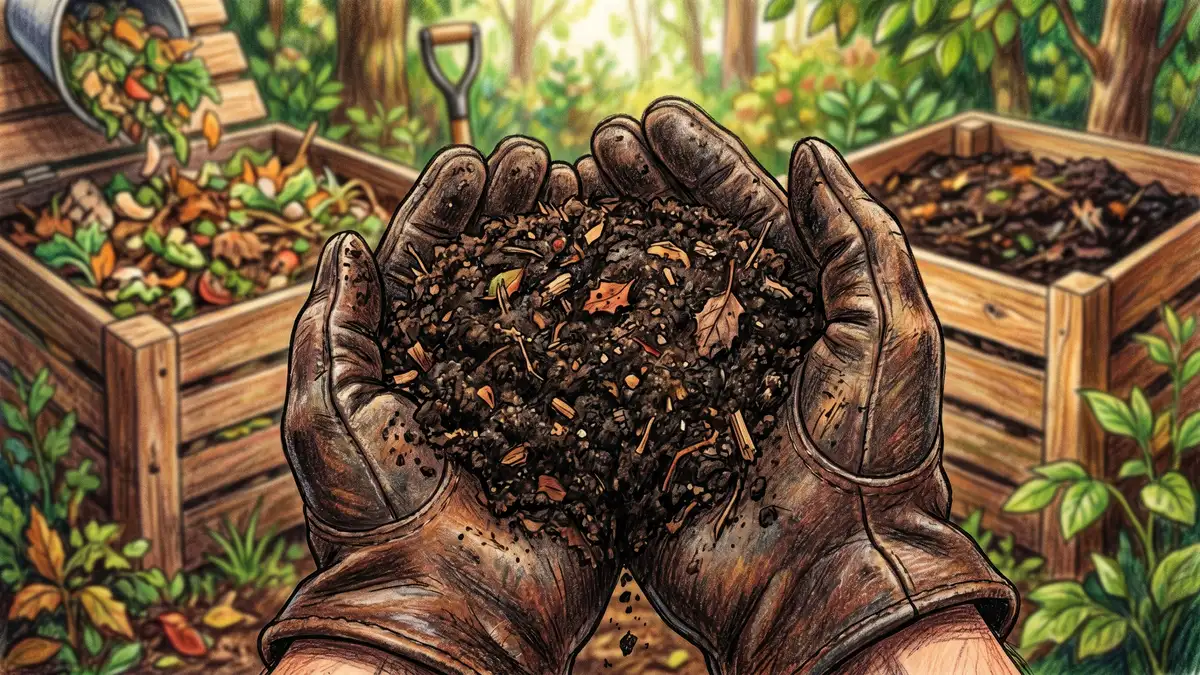 A close-up of finished compost in a homesteader's gloved hands — dark, crumbly, almost black, with a fine texture and visible bits of partially-decomposed leaves