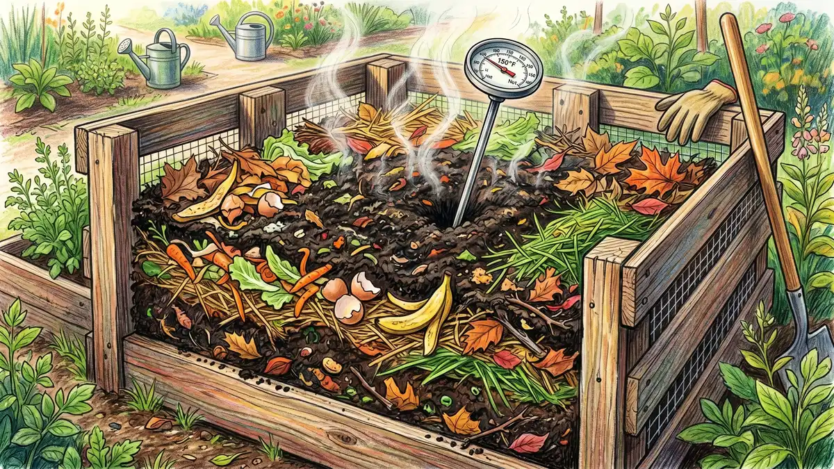 A steaming hot compost pile in a wood-pallet bin with visible heat haze and a long-stem thermometer reading 150°F plunged into freshly mixed greens and browns