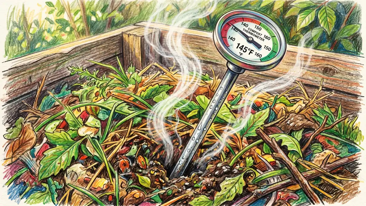 A long-stem compost thermometer plunged into a steaming hot pile, reading 145°F clearly on the dial
