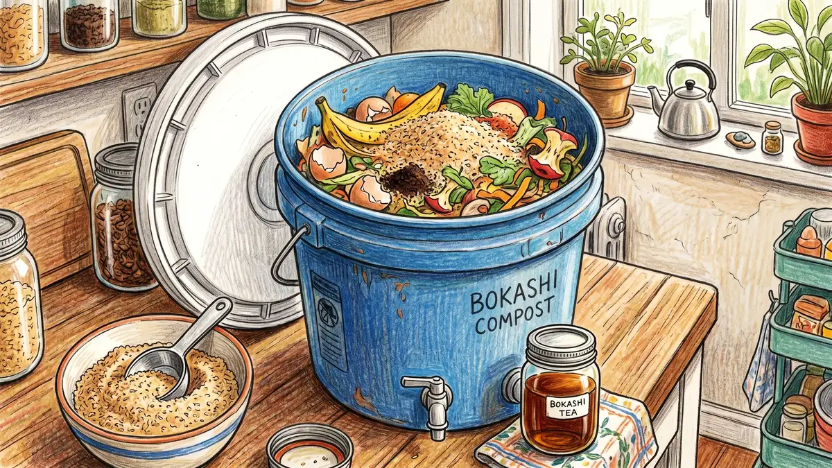 A 5-gallon bokashi fermentation bucket with layered food scraps and a sprinkle of bokashi bran on top, with a small mason jar of dark amber bokashi tea drained from the spigot