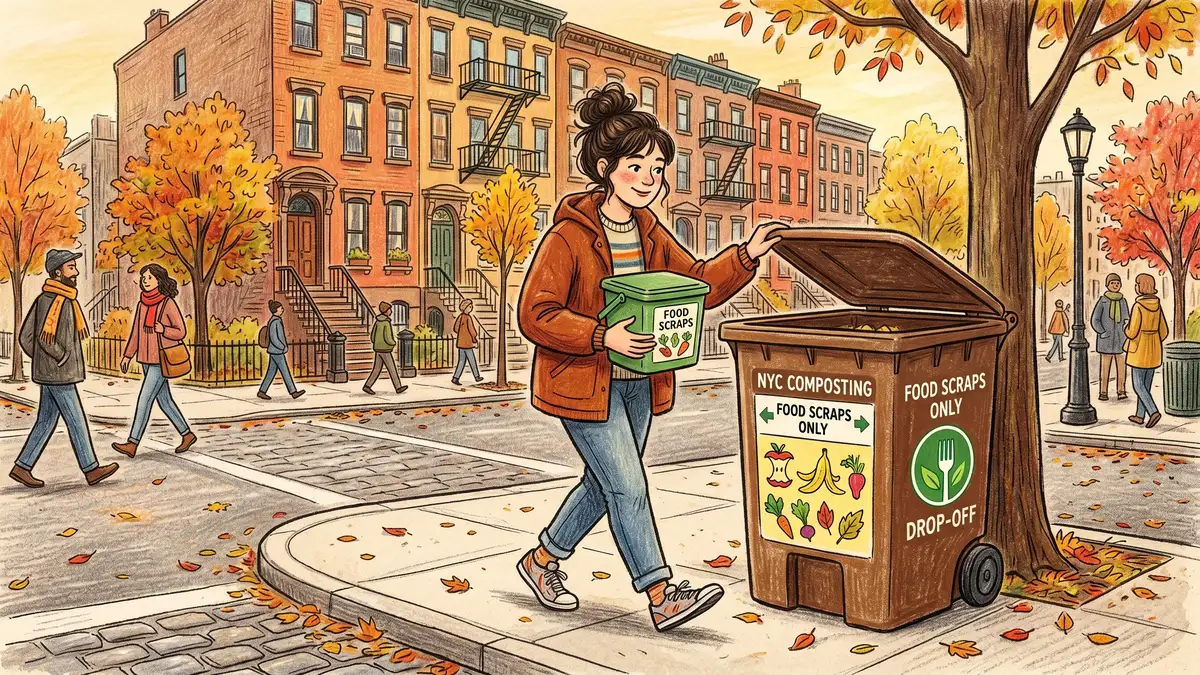 A young apartment dweller carrying a small lidded countertop bin of food scraps to a brown municipal compost drop-off bin on a city street corner with row houses in the background