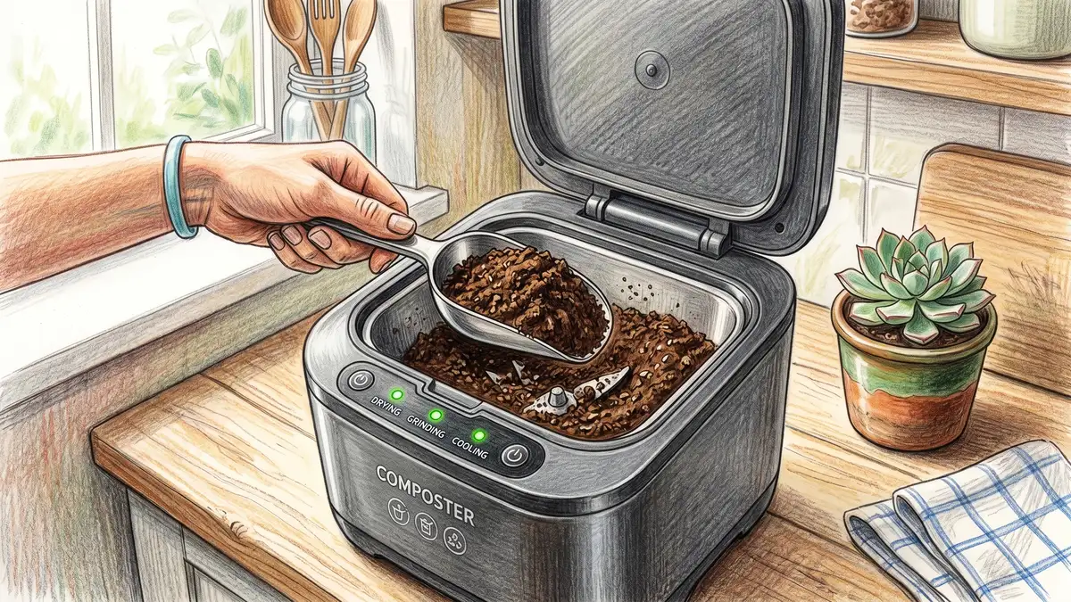 A sleek countertop electric composter with the lid open showing dehydrated, ground food waste output with a coffee-ground texture, with a scoop of the output being lifted out by a hand