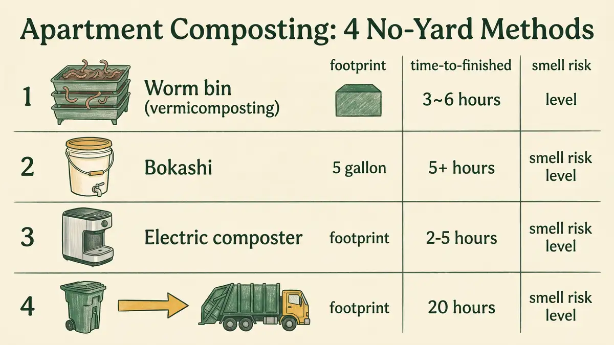 An infographic comparing four no-yard apartment composting methods — worm bin, bokashi, electric composter, and curbside drop-off — with footprint, time to finished, and smell risk for each