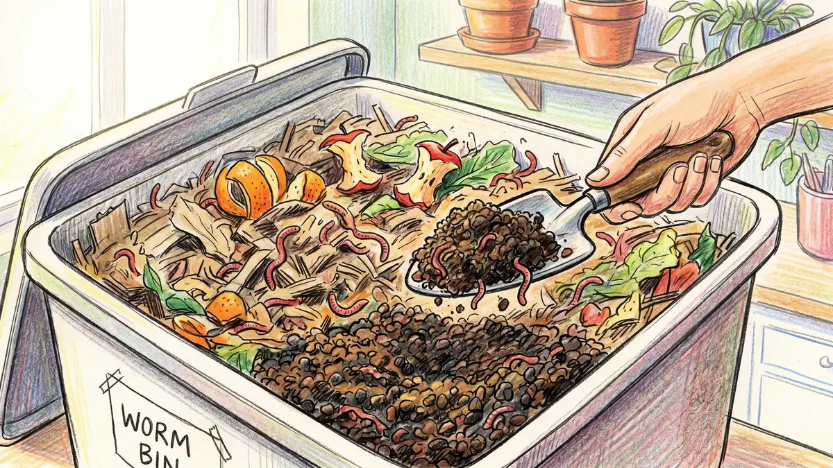 An indoor worm bin with shredded cardboard bedding and red wiggler worms processing food scraps, with finished worm castings being scooped out by a hand