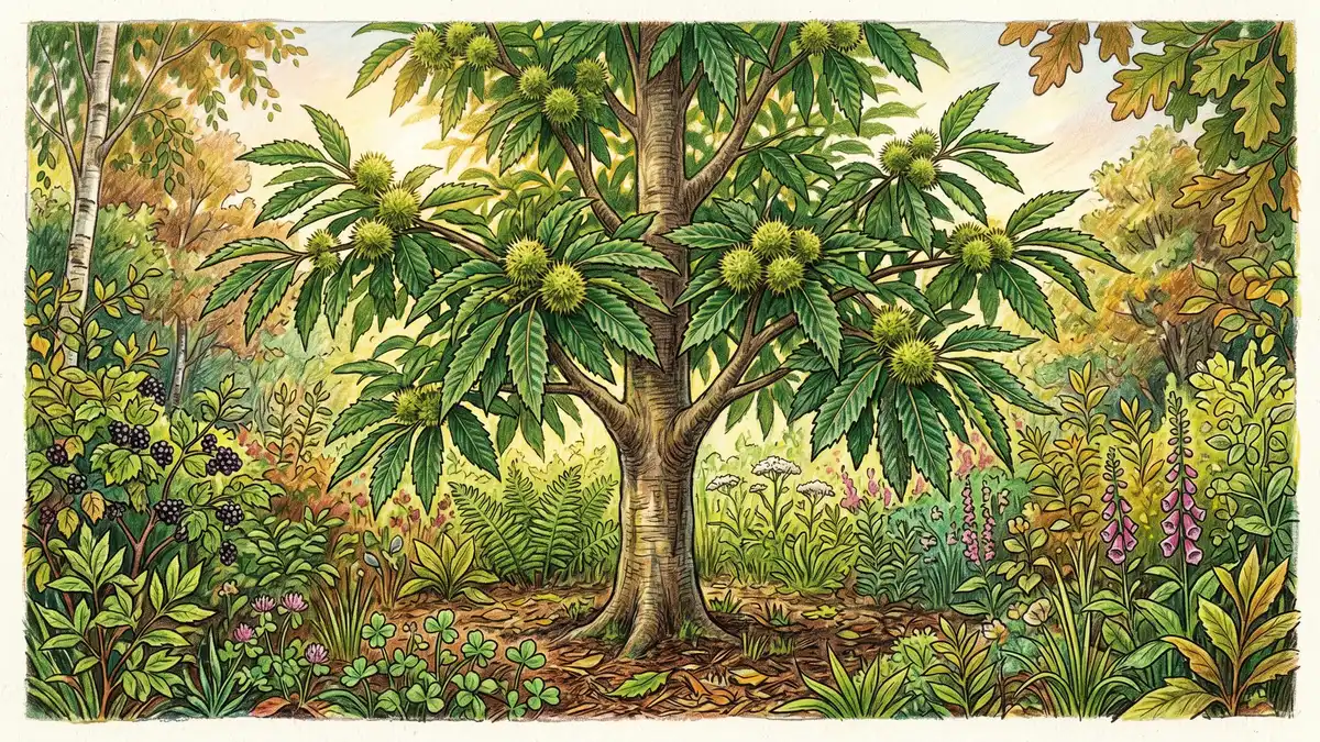 Young chestnut tree (Castanea sativa) with characteristic toothed leaves and developing spiny chestnut burrs — emergent canopy layer of a temperate syntropic system