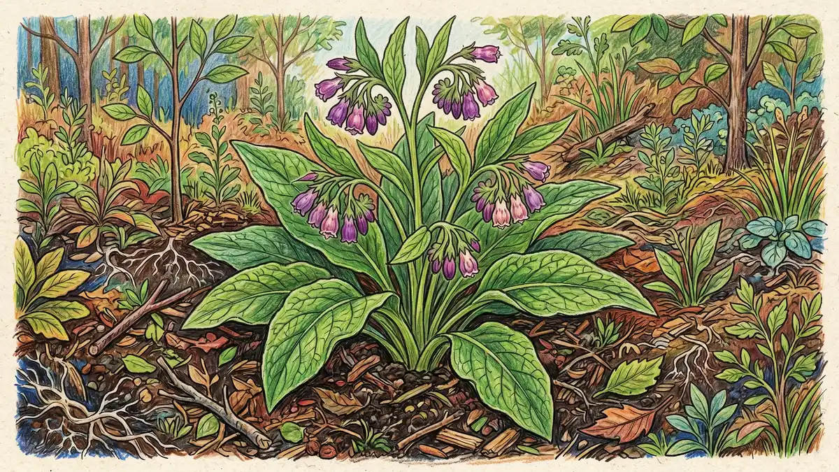 Comfrey (Symphytum officinale) plant in flower, the temperate placenta-layer support species replacing tropical banana and papaya in syntropic systems