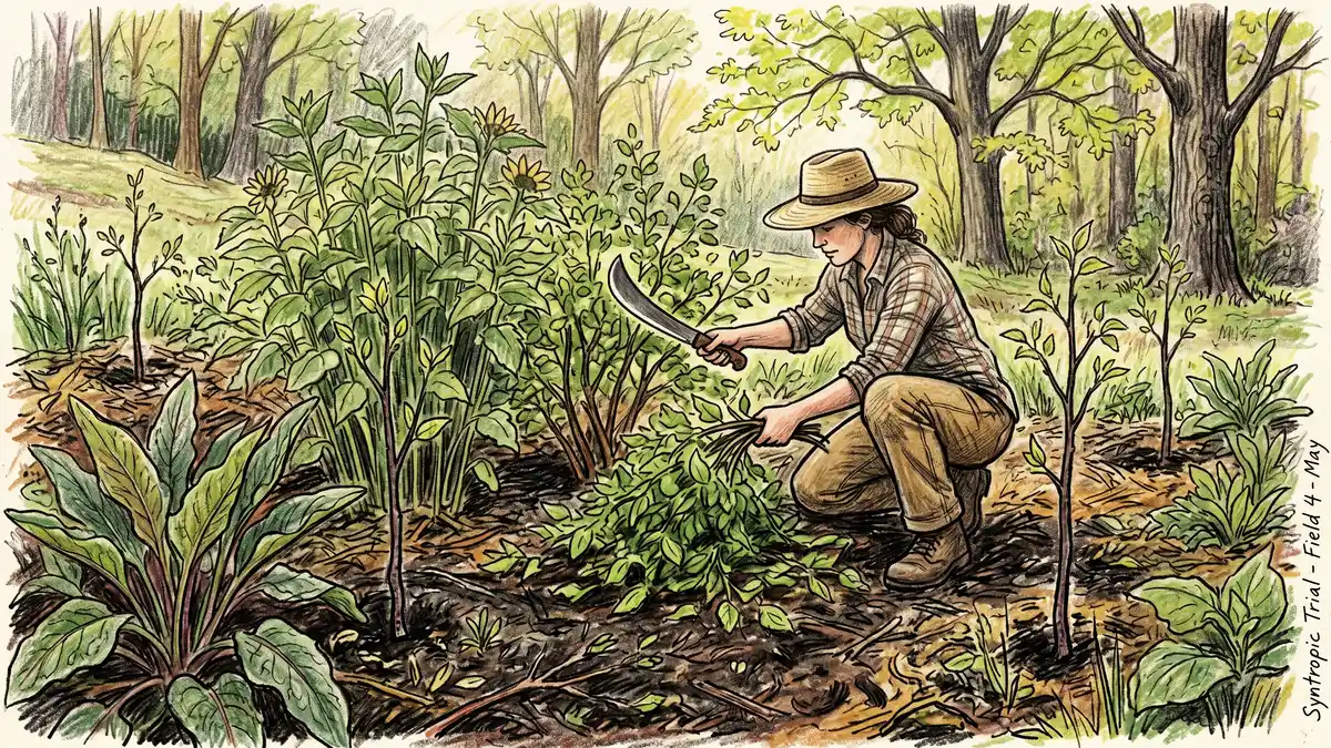 Practitioner pruning a hazelnut shrub heavily with a curved Brazilian foice machete, dropping branches as mulch — late spring scene with jerusalem artichokes, comfrey, and apple saplings