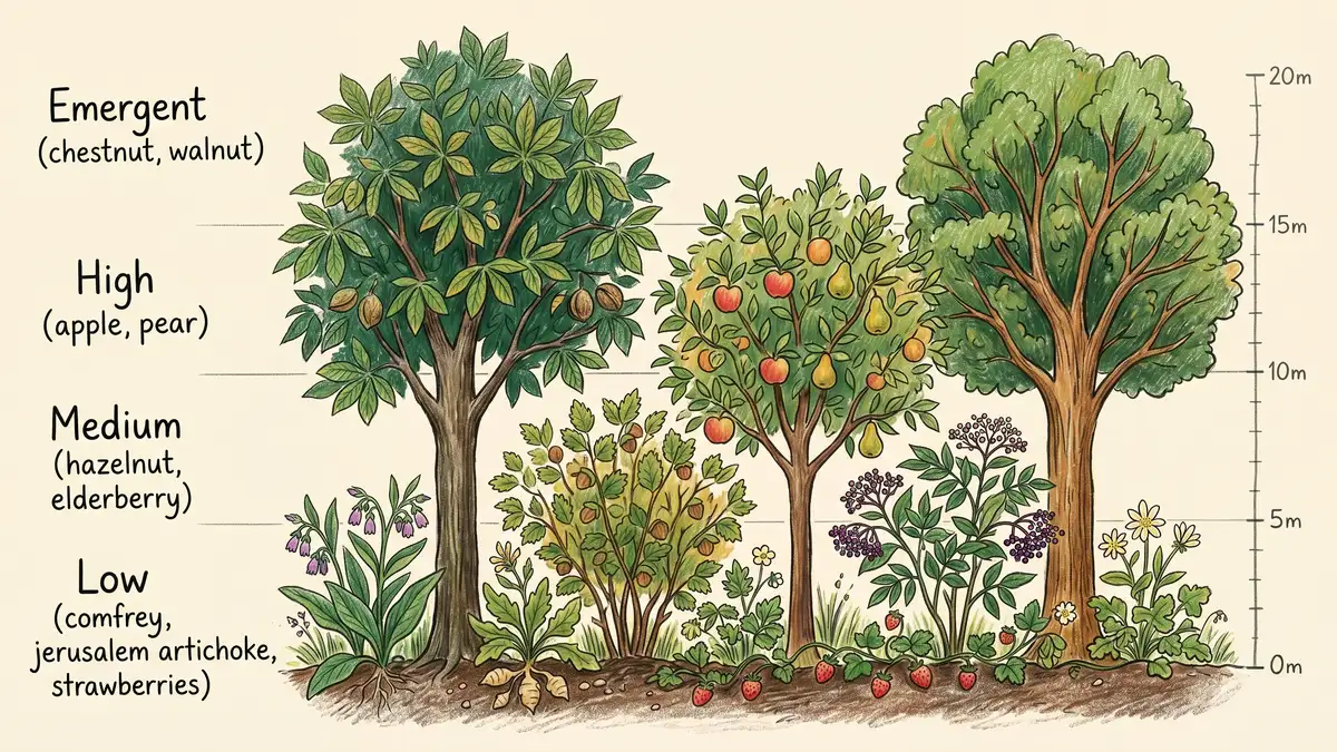 Cross-section infographic of a temperate syntropic system showing four canopy layers: emergent (chestnut, walnut), high (apple, pear), medium (hazelnut, elderberry), low (comfrey, jerusalem artichoke, strawberries) — pencil-crayon style in earth-green palette