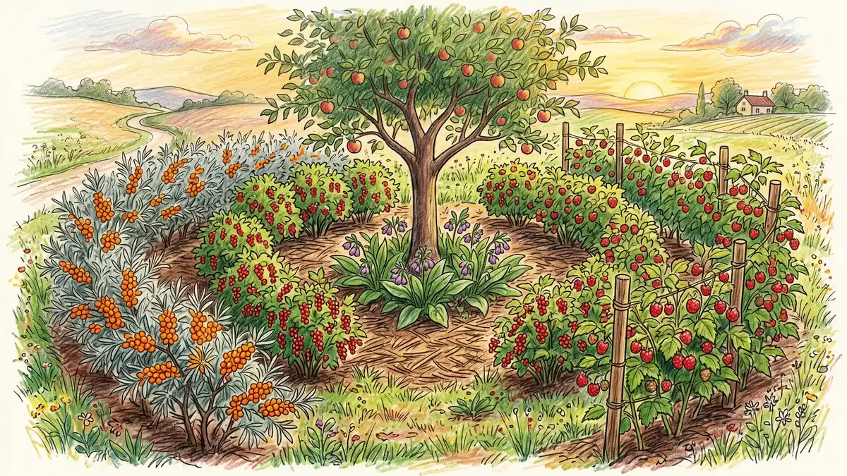 Multi-species berry shrub guild with red currant, raspberry canes, sea buckthorn, and comfrey radiating in concentric arcs around a central apple tree — pencil-crayon style food forest design