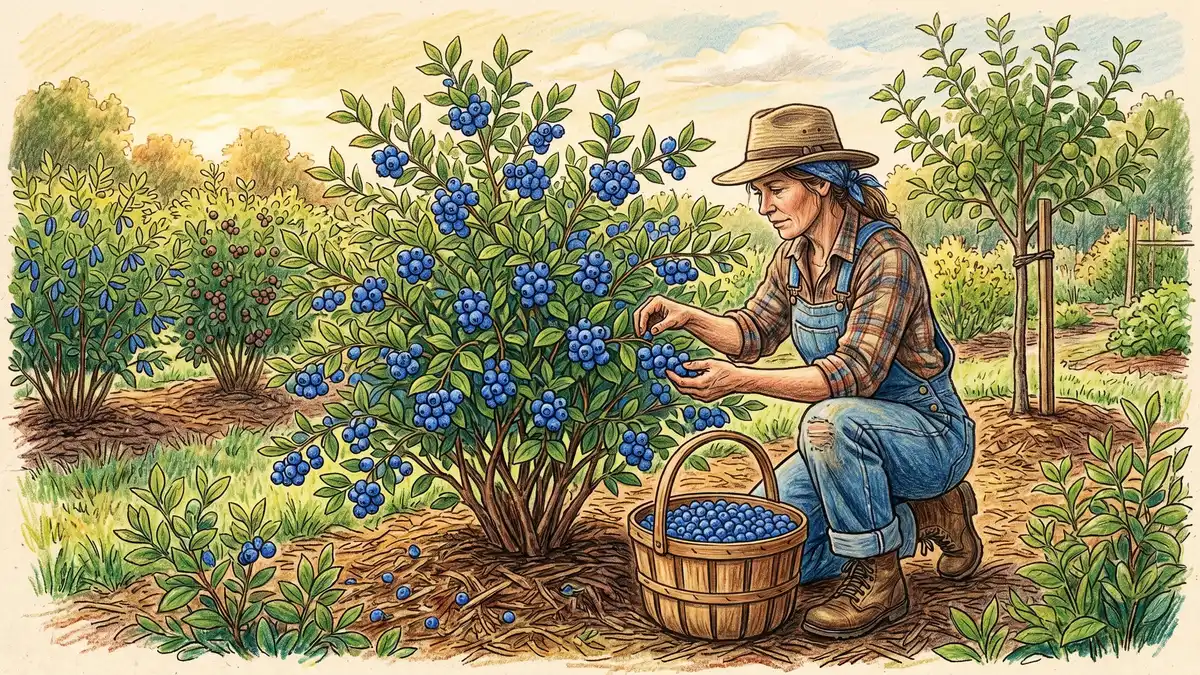 Homesteader harvesting ripe highbush blueberries from a mature bush loaded with cobalt-blue fruit, with honeyberry and aronia bushes in the background — pencil-crayon style late June morning scene