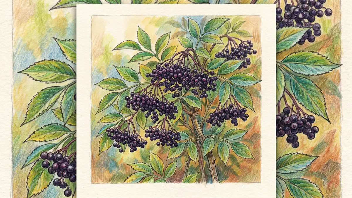 Mature elderberry (Sambucus nigra) plant with heavy umbels of dark purple-black ripe berries hanging in clusters — multi-functional medicinal flowers plus heavy fruit yield