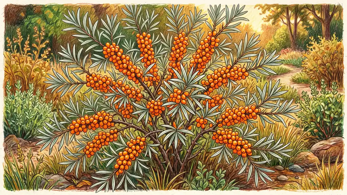 Sea buckthorn (Hippophae rhamnoides) shrub with silvery-grey willow-like leaves and dense clusters of brilliant orange ripe berries — the vitamin C and nitrogen-fixing powerhouse of the temperate food forest