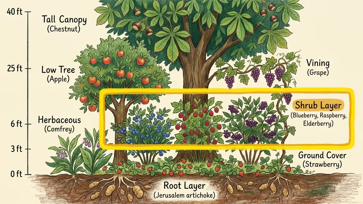 Cross-section infographic of the seven food forest layers with the shrub layer (blueberry, raspberry, elderberry) highlighted, showing approximate heights from 0 to 40 feet — pencil-crayon style in earth-green palette