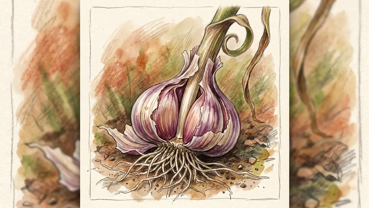 Single hardneck garlic bulb (Allium sativum var. ophioscorodon) with characteristic purple-streaked papery wrapper and visible cloves, freshly harvested