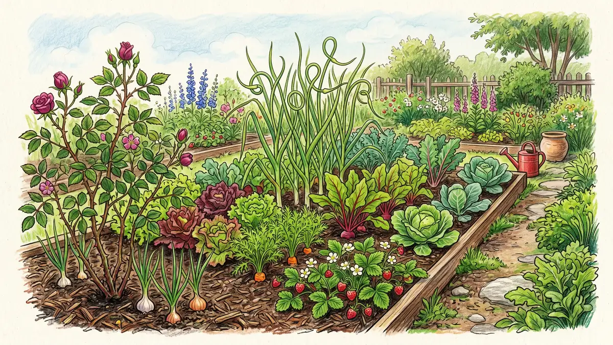 Spring garden bed showing mature garlic with curling scapes interplanted with lettuce, beets, carrots, strawberries, brassicas, and a young rose bush, pencil-crayon style multi-species companion design