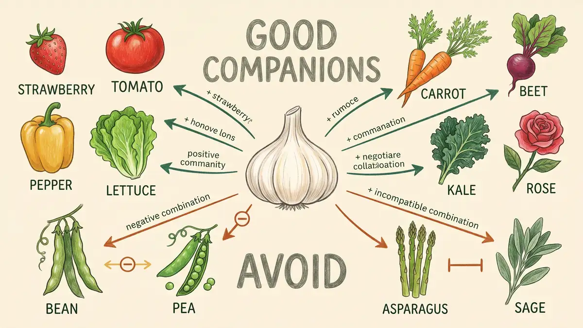 Pencil-crayon infographic showing garlic companion planting compatibility chart with strawberry, tomato, pepper, lettuce, carrot, beet, kale, rose marked as good companions and bean, pea, asparagus, sage marked as avoid