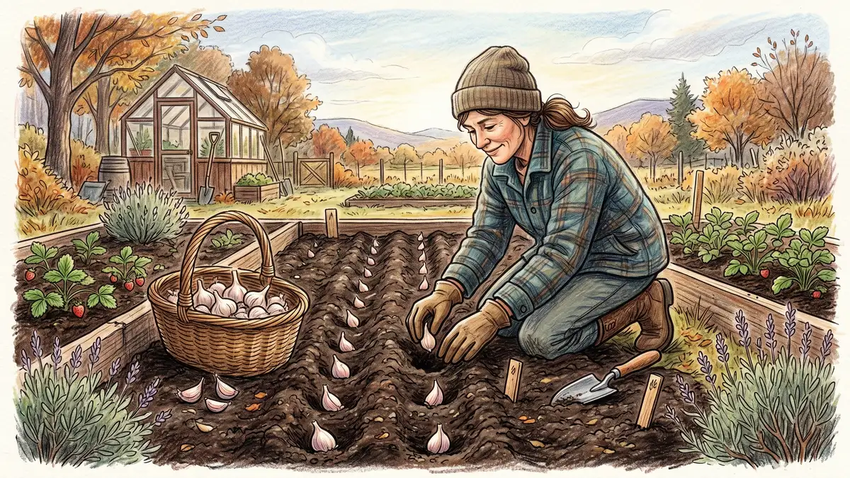 Homesteader planting hardneck garlic cloves pointed-end-up in a prepared raised bed in late October, with a wicker basket of seed bulbs and companion strawberries at the bed edges, pencil-crayon style autumn morning scene