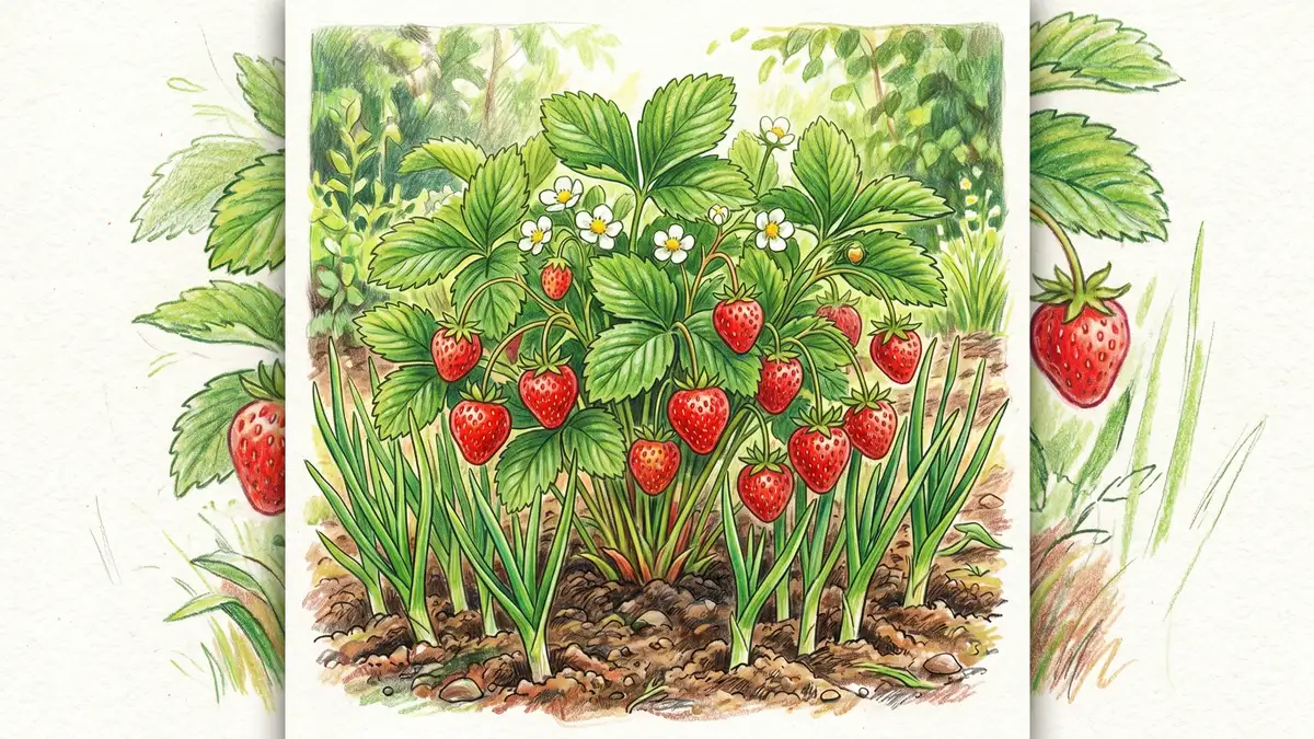 Strawberry plant with ripe red berries hanging on stems with garlic shoots emerging at the base, the classic perennial garlic companion pairing