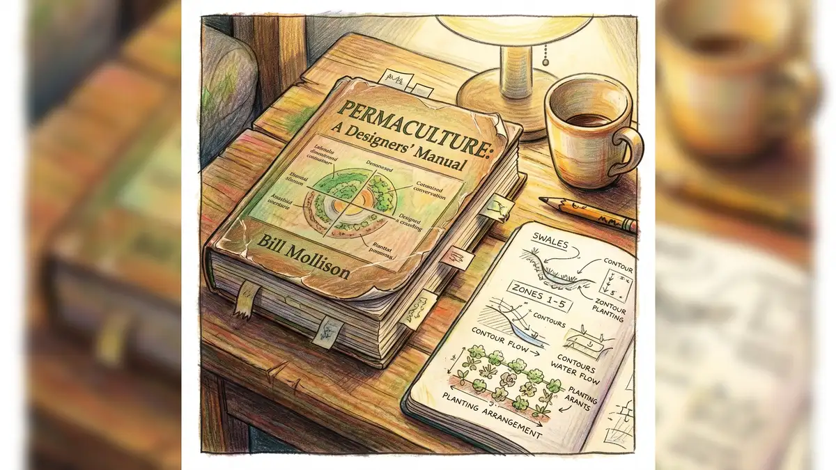Worn copy of Bill Mollison's Permaculture: A Designers' Manual on a wooden table next to a notebook with hand-drawn sketches of swales and zones, the foundational PDC text