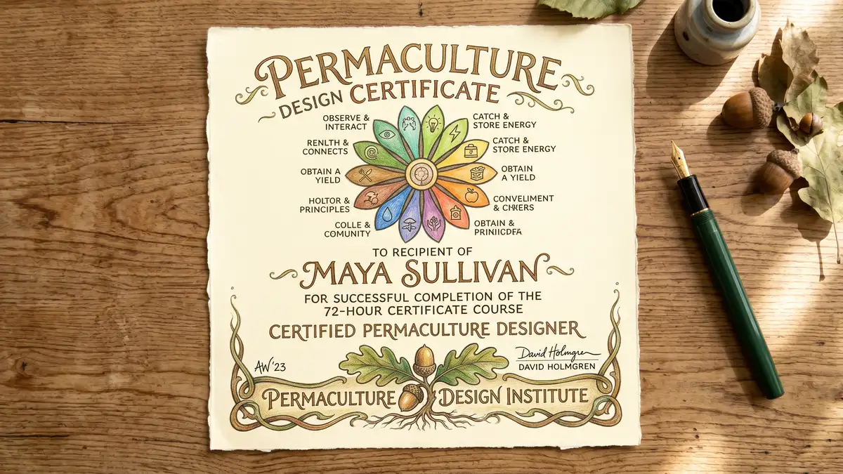 Permaculture design certificate document on cream paper with hand-drawn calligraphy, oak leaf seal, and Holmgren's twelve-petal design principles flower icon, resting next to a fountain pen