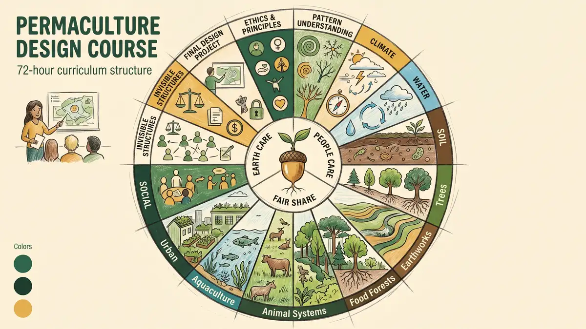 Pencil-crayon infographic showing the PDC 72-hour curriculum as a 14-section wheel covering ethics, patterns, climate, water, soil, trees, earthworks, food forests, animal systems, aquaculture, urban, social, invisible structures, and final design project, centered on the three permaculture ethics