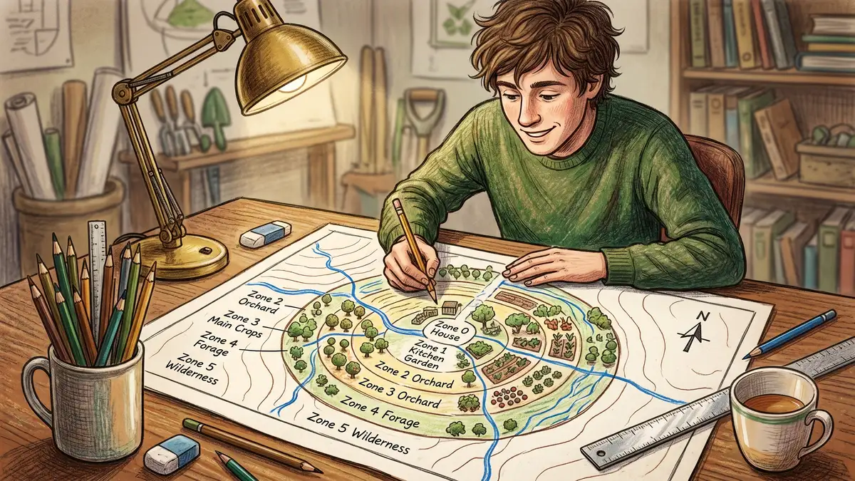 Permaculture final design project with a large drafted site plan showing zones 0 through 5, water flows in blue, contour lines, plant placement icons, and north arrow on draughtsman paper