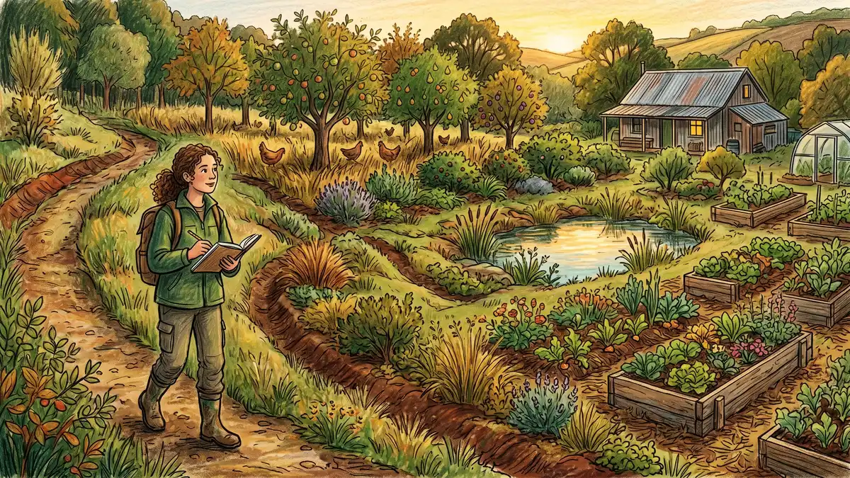 Permaculture student walking through a working site observing keyline ditches, swales, food forest layers, and a rainwater pond with notebook in hand, mature mixed orchard with chickens free-ranging in background