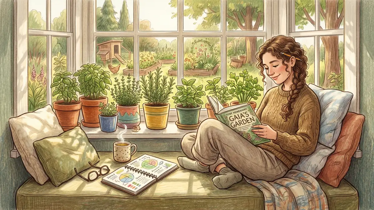 Pencil-crayon illustration of a beginner permaculture reader curled up in a sunny window seat with Gaia's Garden open on their lap, herb garden on the windowsill, notebook with garden zone sketches, and a mug of herbal tea