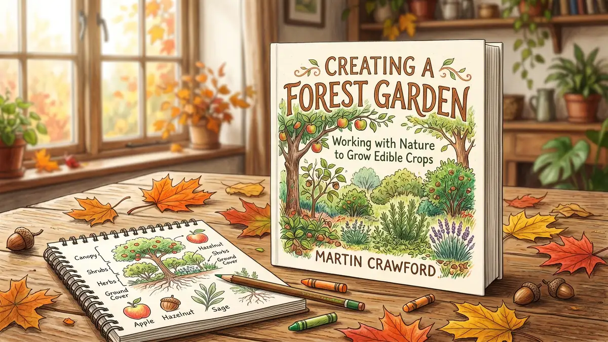 Pencil-crayon illustration of Martin Crawford's Creating a Forest Garden book on a wooden table with autumn maple leaves scattered around it, the definitive temperate food forest reference