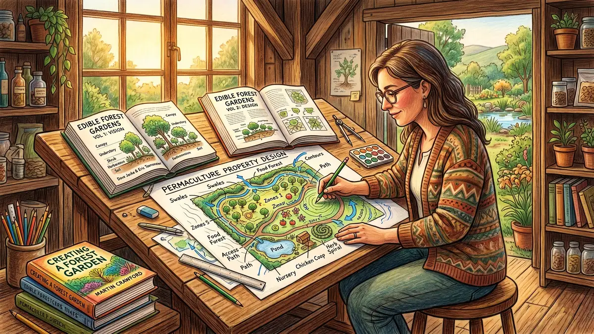 Pencil-crayon illustration of a permaculture designer at a drafting table with the two volumes of Edible Forest Gardens by Jacke and Toensmeier open showing food forest layer diagrams, with a hand-drawn site plan, contour lines, and water flows