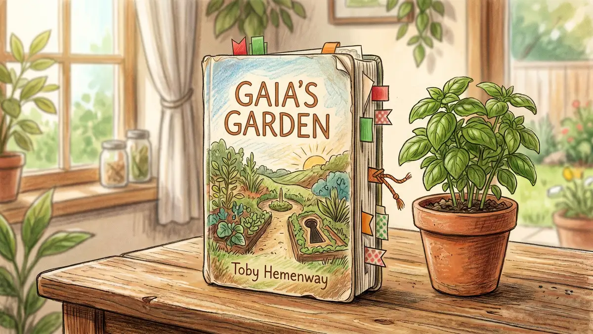 Pencil-crayon illustration of Toby Hemenway's Gaia's Garden book on a wooden table next to a small potted basil plant, the most-recommended beginner permaculture book