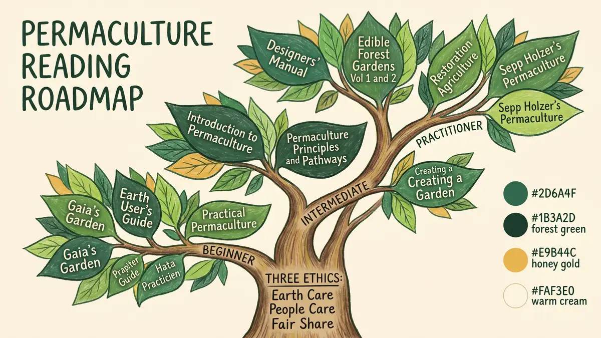 Pencil-crayon infographic showing the permaculture reading roadmap as a tree with three branches: beginner books, intermediate books, and practitioner books, with the trunk labeled with the three permaculture ethics