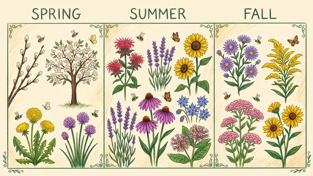 Pencil-crayon infographic showing a bloom succession calendar across spring, summer, and fall with pussy willow, fruit blossoms, dandelion, and chives in spring; bee balm, lavender, coneflower, sunflower, borage, and milkweed in summer; and aster, goldenrod, sedum, and native sunflower in fall