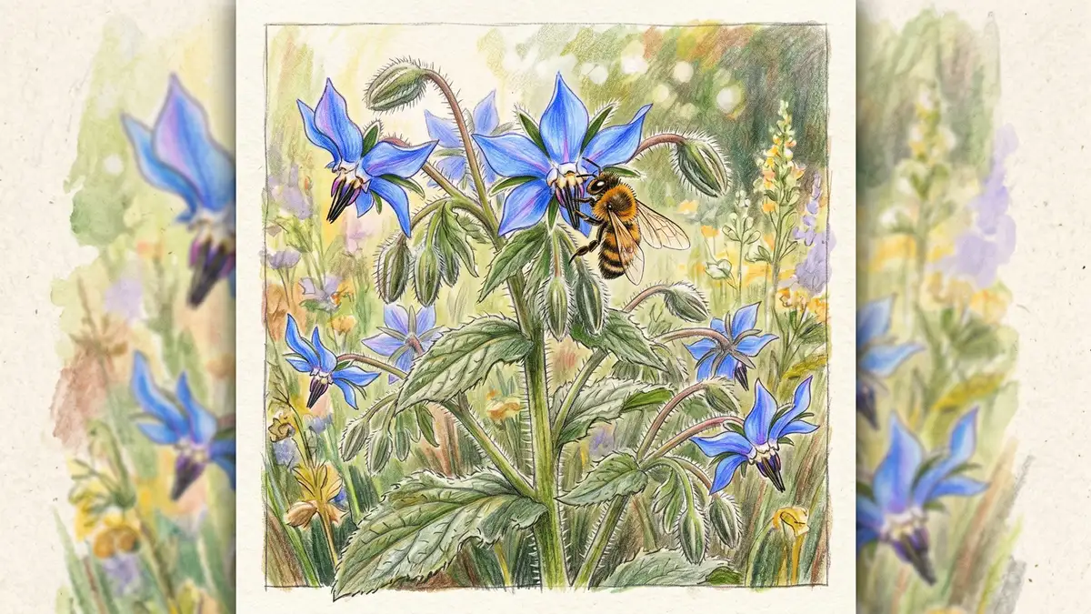 Borage (Borago officinalis) plant with bright blue star-shaped flowers and fuzzy grey-green leaves with a honeybee resting on a flower, the highest-nectar pollinator plant per Polish field studies