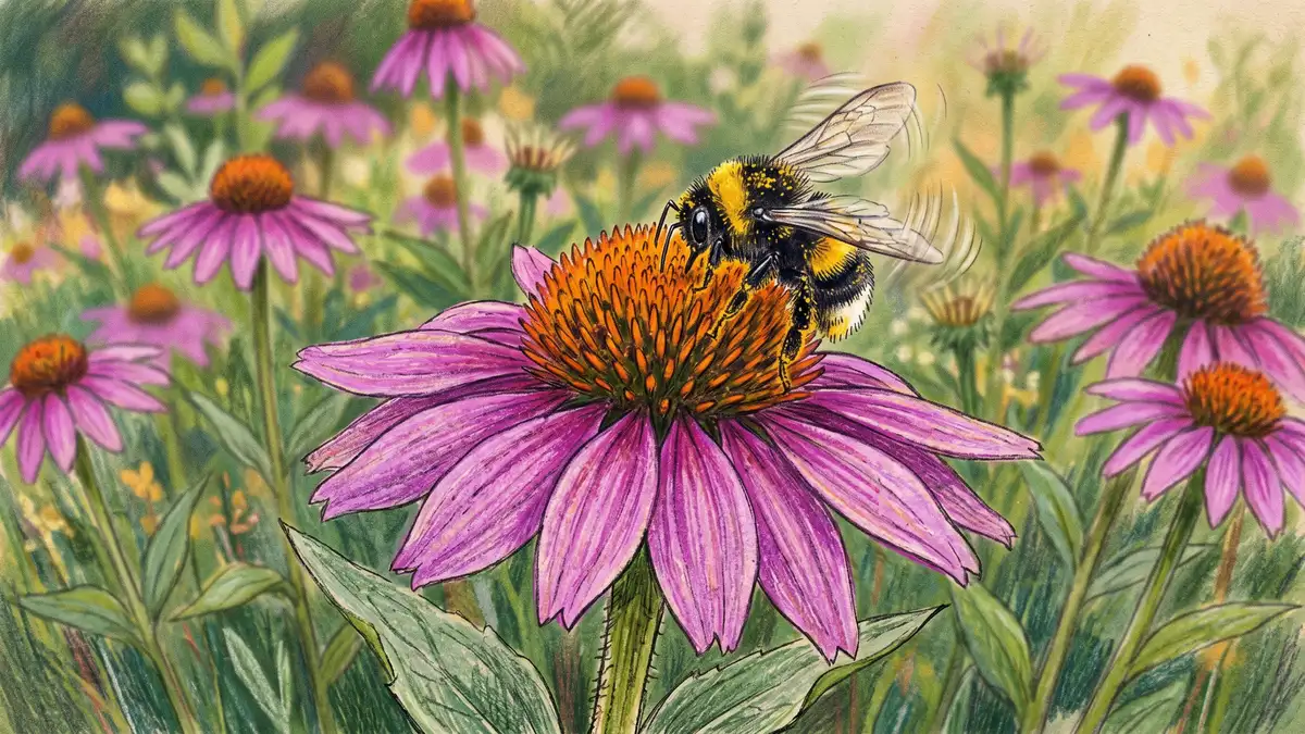 Pencil-crayon illustration of a fuzzy bumble bee covered in pollen on a purple coneflower (Echinacea purpurea) in full bloom, with translucent wings showing motion