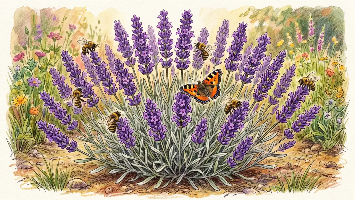 Lavender (Lavandula angustifolia) plant in full purple bloom with silvery-grey foliage with multiple honeybees and a small butterfly visiting the flower spikes