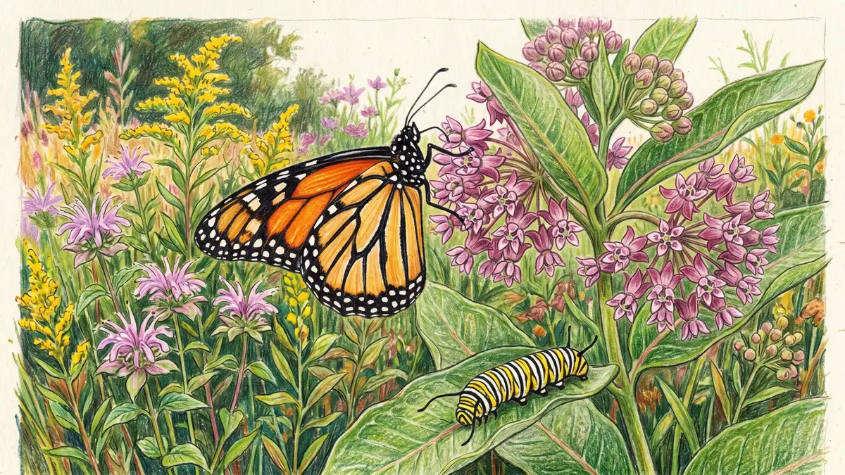 Pencil-crayon illustration of a monarch butterfly with iconic orange and black wings on a milkweed plant with pink-purple flowers and a monarch caterpillar visible on a leaf nearby