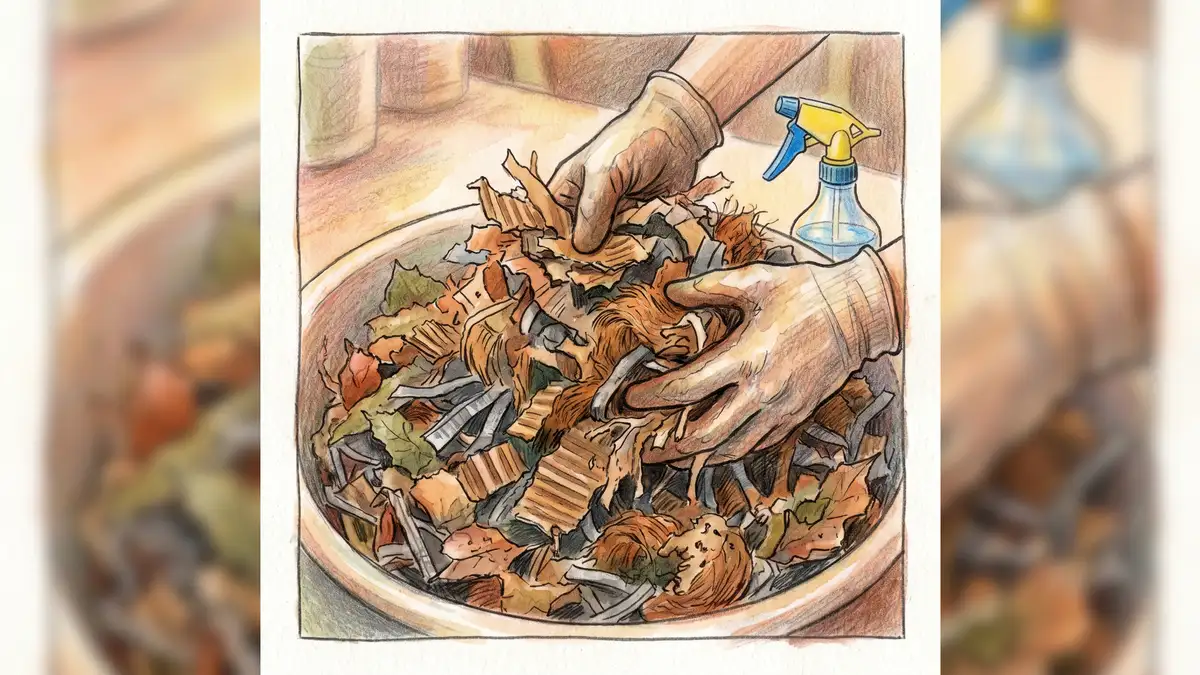 Pencil-crayon illustration of properly prepared worm bin bedding mix with hands fluffing moistened shredded corrugated cardboard, shredded newspaper, coco coir, and aged leaves at wrung-out-sponge texture