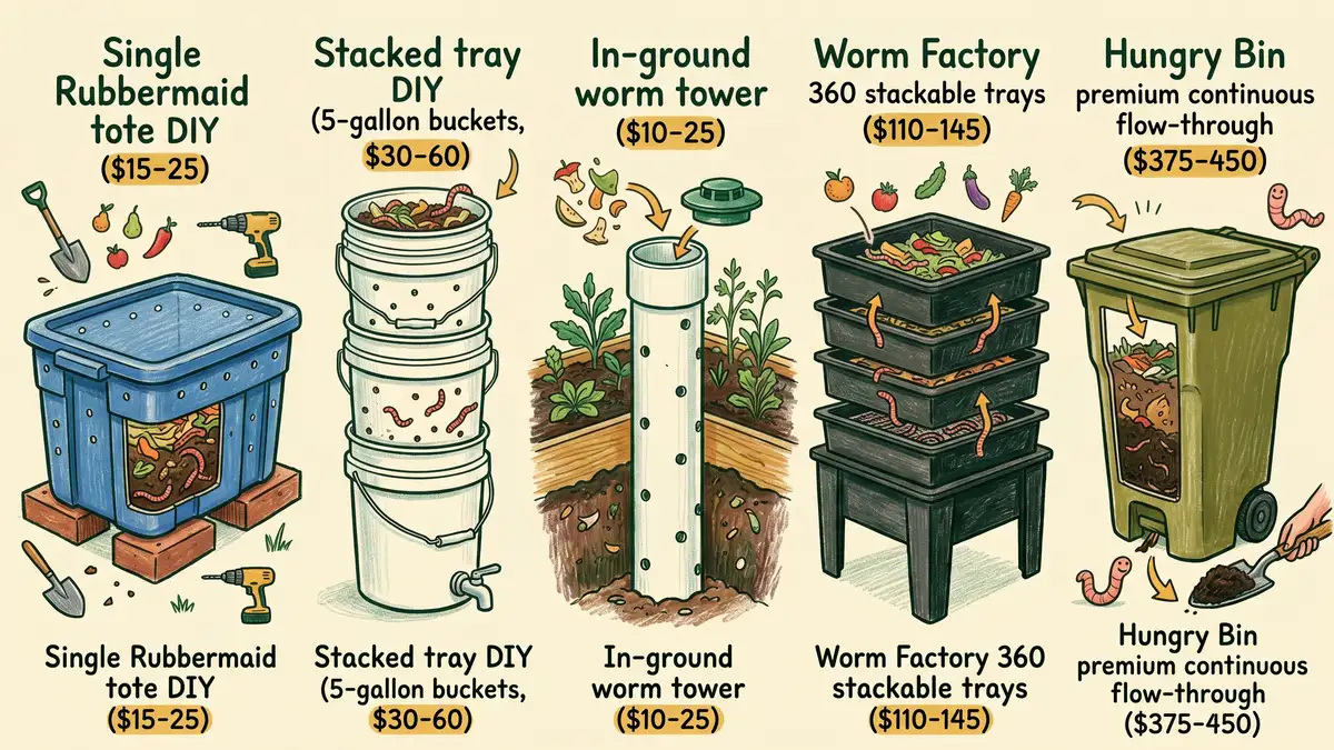 Pencil-crayon comparison infographic showing five worm bin types side by side: single Rubbermaid tote DIY, stacked tray DIY, in-ground worm tower, Worm Factory 360 stackable trays, and Hungry Bin premium continuous flow-through, each labeled with name and approximate price