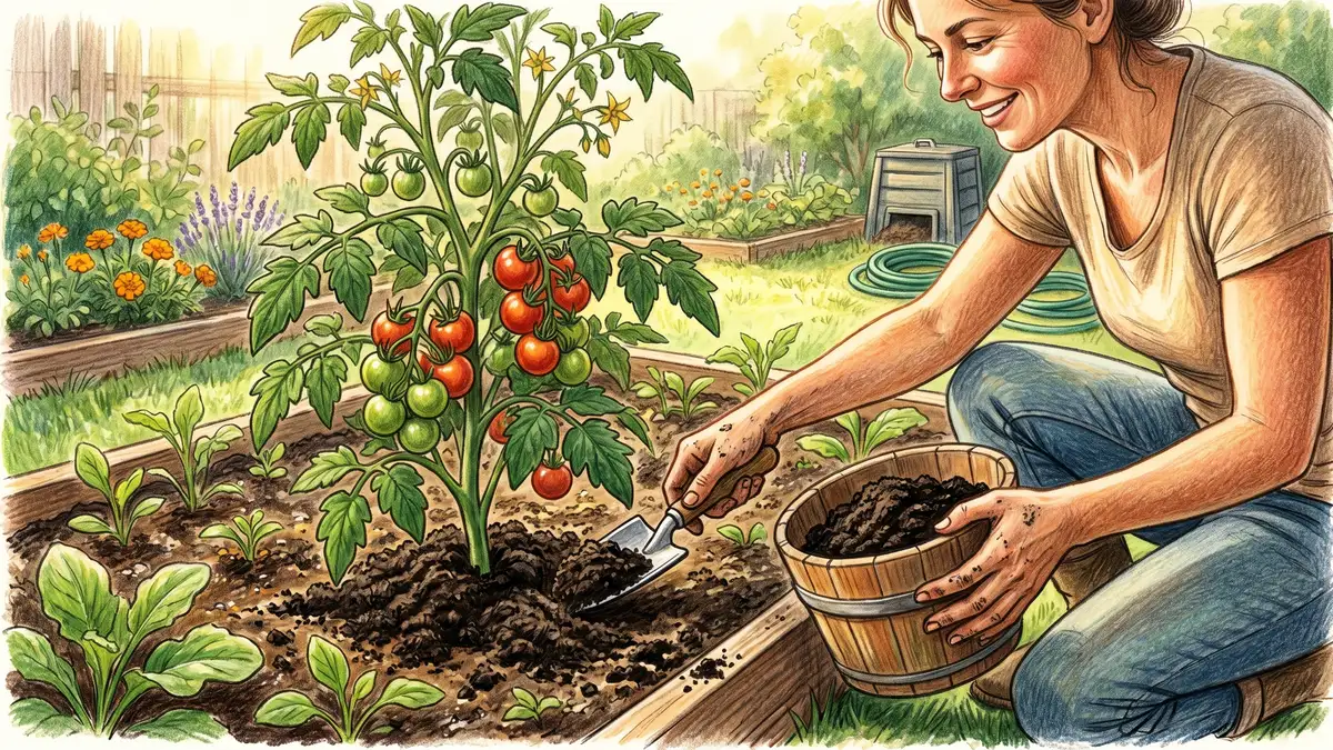 Pencil-crayon illustration of dark rich worm castings being scooped from a small bucket and side-dressed around a tomato plant in a sunny garden bed