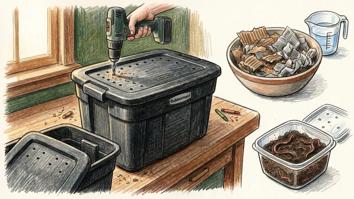 Pencil-crayon step-by-step illustration of building a DIY worm bin from a Rubbermaid tote with power drill, bedding preparation including shredded newspaper and corrugated cardboard, water, and red wiggler worms ready to add