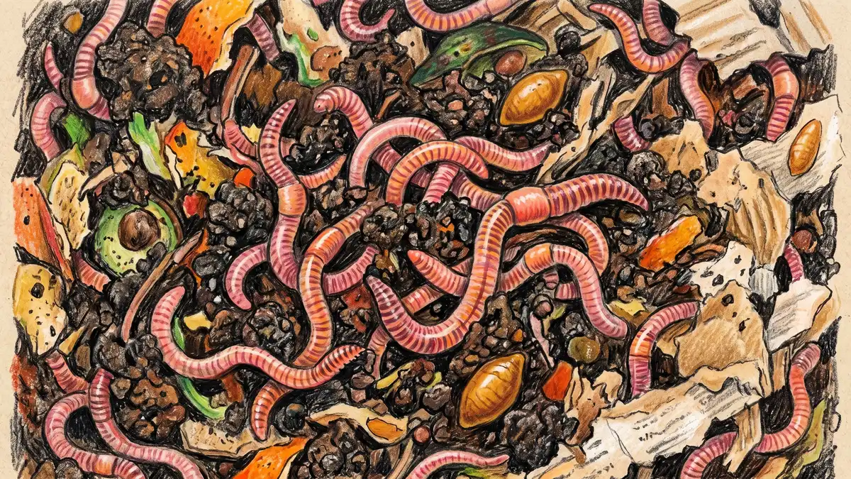 Pencil-crayon close-up illustration of red wiggler worms (Eisenia fetida) in dark rich vermicompost with visible clitellum bands on mature worms, lemon-shaped amber egg cocoons, and bits of decomposing kitchen scraps and shredded cardboard bedding