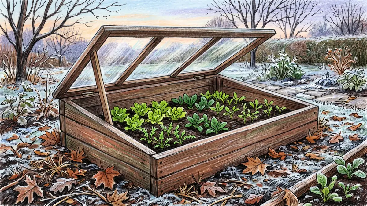 Pencil-crayon illustration of a wooden cold frame protecting fall lettuce and spinach with light frost on the surrounding bed