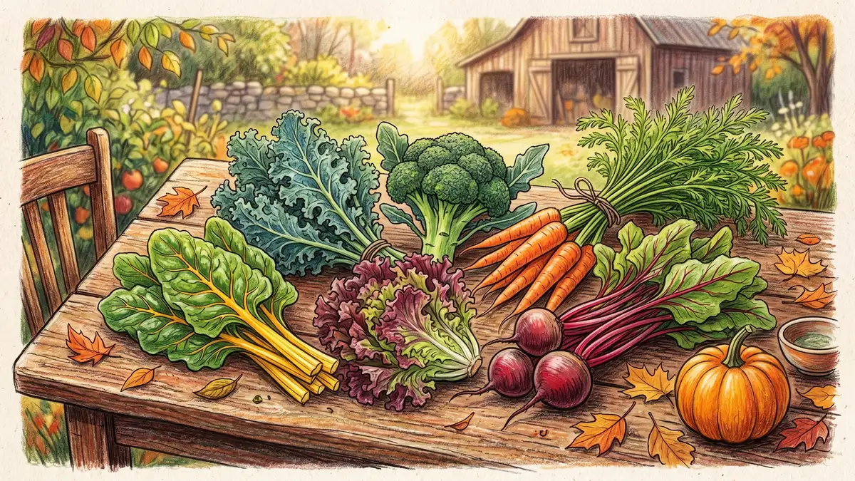 Pencil-crayon illustration of an abundant fall harvest spread on rustic wooden table with broccoli kale carrots beets red lettuce and golden swiss chard
