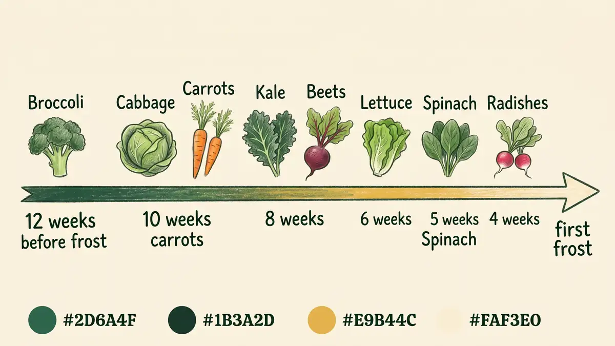 Pencil-crayon infographic timeline showing fall vegetable planting windows from 12 weeks before frost down to first frost with broccoli cabbage kale carrots beets lettuce spinach and radishes positioned at their optimal planting dates