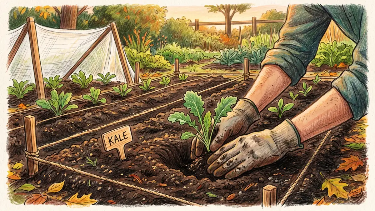 Pencil-crayon illustration of a gardener's hands placing a young kale seedling into a freshly prepared dark-soil garden bed with row cover frame nearby