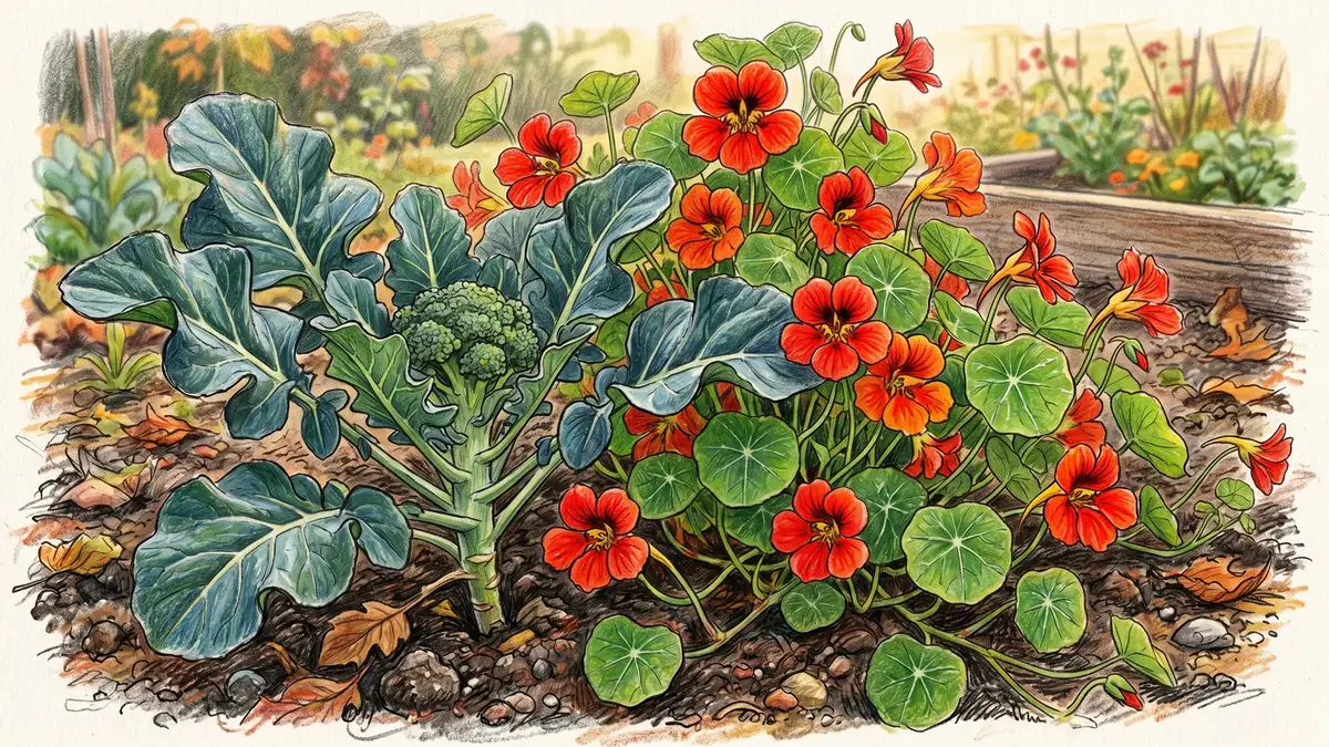 Pencil-crayon close-up of scarlet nasturtium flowers growing alongside a young broccoli plant illustrating fall companion planting