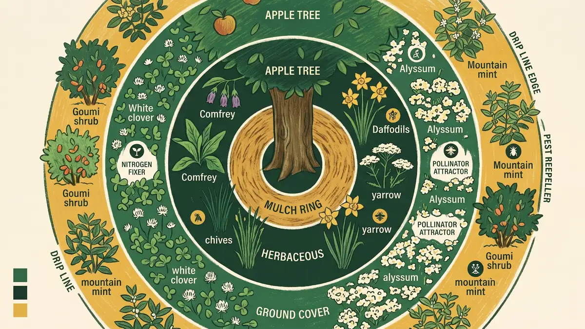 Pencil-crayon top-down infographic showing concentric zones of an apple tree guild with comfrey yarrow chives daffodils white clover goumi and mountain mint labelled by function