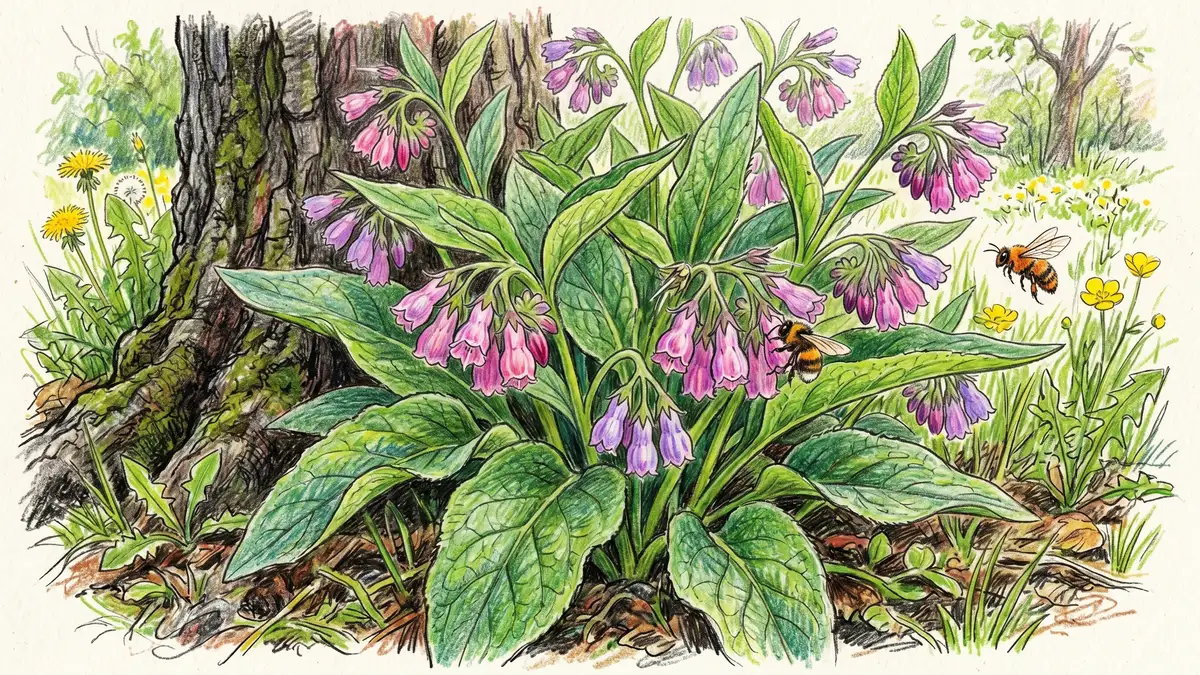 Pencil-crayon close-up of large comfrey leaves and pinkish-purple bell-shaped flowers at the base of an apple tree